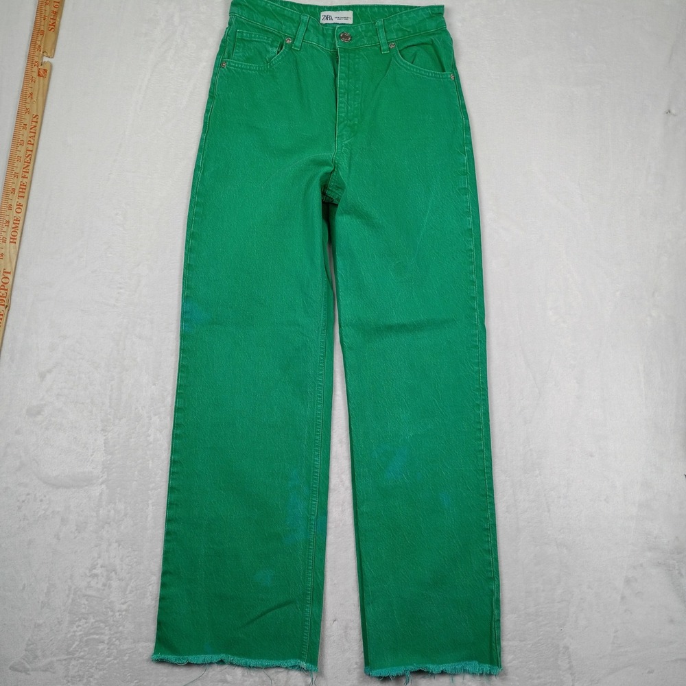 Zara Green High Waisted Wide Leg Jeans Raw Hem Size 4 MEX 26 Kelly Green Denim - Picture 2 of 6